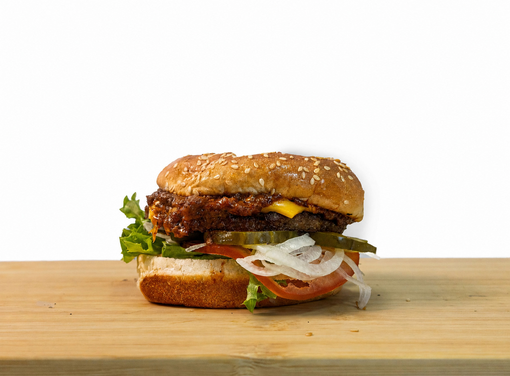 A fully loaded Salty’s burger