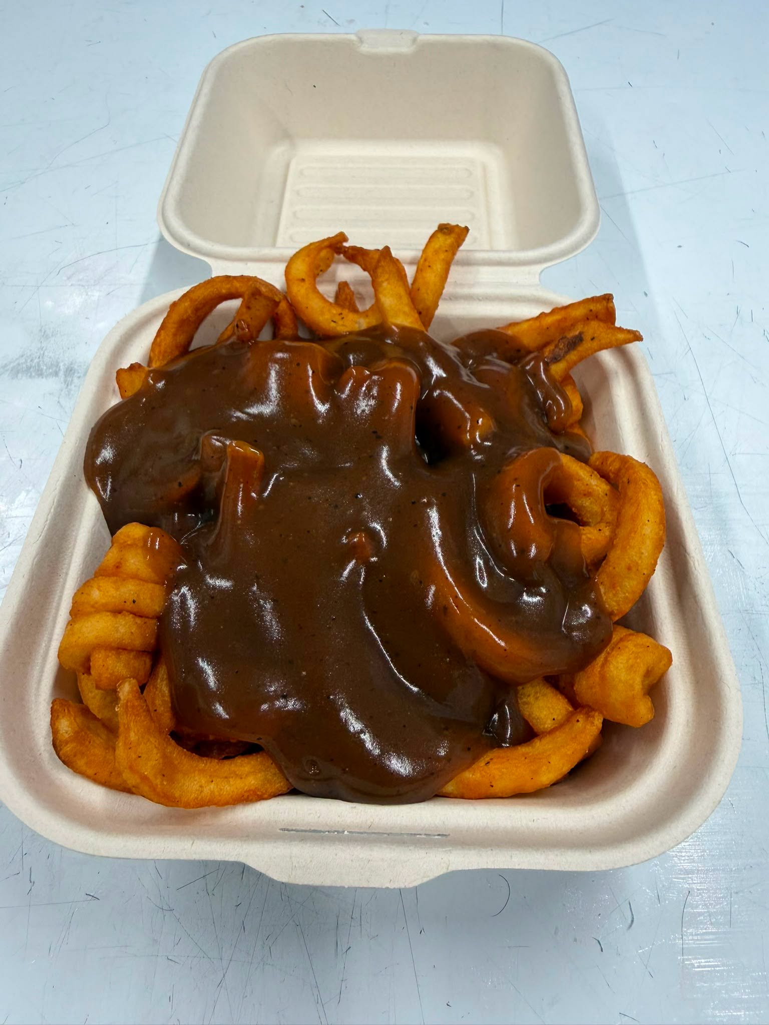 Salty’s curly fries generously covered with gravy